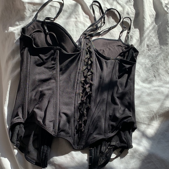 Vintage 90's black padded underwire lace up boned push up corset bustier top L - Picture 9 of 15